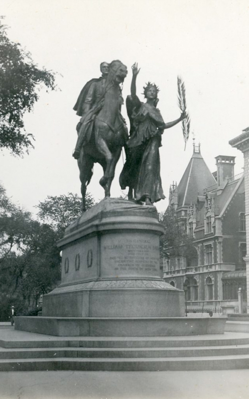 <h3>Sherman Statue, Plaza, NY</h3>
<br>
<p><i>William Steeple Davis</i><p>
<br>
<p><strong>1913
<br>
Gift of the William Steeple Davis Trust</strong></p>
<br>
<br>
<p>Augustus St. Gaudens completed his important equestrian sculpture of General Sherman in 1903. It is generally considered one of the finest public sculptures in America. The sculpture originally stood in the lower part of Grand Army Plaza (Fifth Avenue at 59th Street) in New York City, but was moved to the northern part of the plaza in 1913 when the Pulitzer Fountain was designed for the southern part. This photograph shows it in its new – and current – location. The Fifth Avenue mansion in the background is the Elbridge Gerry house built by Richard Morris Hunt in 1897. It was demolished in 1929 to make way for the Pierre Hotel. Just visible at the right is the Metropolitan Club. Owing to the fact of its being moved, the Sherman sculpture was most likely very much in the news around the time Davis took this photograph.</p>