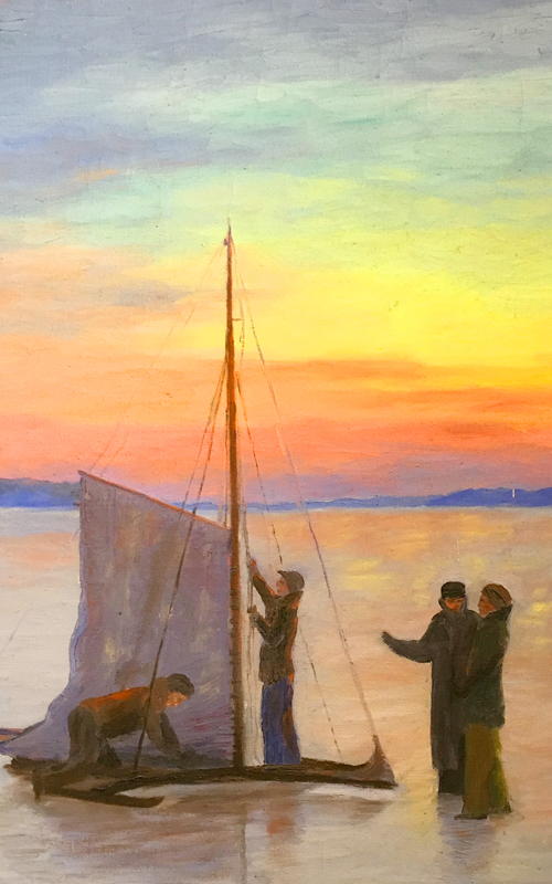 <h3>Ice Boating on Orient Bay</h3>
<p><i>Albert Latham</i>
<br>
<strong>Undated</strong>
<br>
<br>
Oil on Canvas</strong></p>
<br>
<p>Albert Eldridge Latham (1909-1976) was born in Orient, trained as a carpenter, and eventually took up painting. He is thought to have studied informally with William Steeple Davis. Most of his paintings are of familiar Oysterponds subjects.</p>