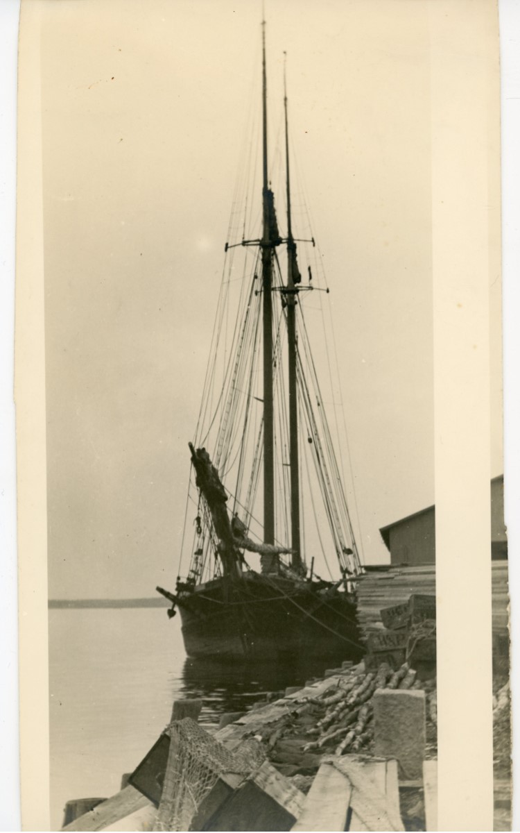 <h3><em>Potato Schooner from Nova Scotia</em></h3>
<br>
<p><strong>L. Vinton Richard</strong></p>
<p><strong>Ca. 1915</strong></p>
<br>
<p>This photograph of a schooner at the Orient wharf was carefully composed by Richard. It was cropped from a larger photograph and ranks as one of his finest maritime studies.</p>